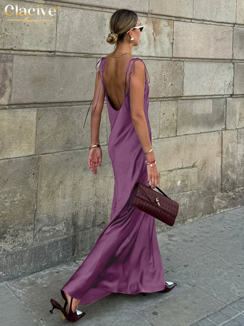Clacive Fashion Loose Brown Satin Womens Dresses 2025 Summer Strap Sleeveless Floor Length Dress Sexy Backless Female Dress