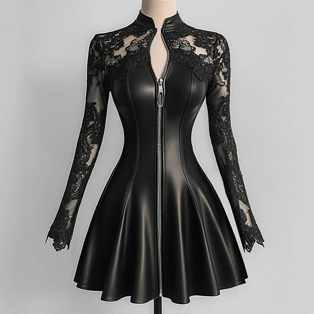 Women’s Elegant PU Leather Dress Black Lace Patchwork Mesh Long Sleeve Zipper Up Bodycon Dress A-Line Party Sexy Mini Dresses