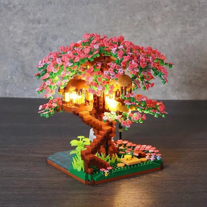 Cherry Bonsai Tree Building Blocks Set DIY Sakura Blossom Plants Bricks with Light Treehouse Model Romantic Gift for Girlfriend