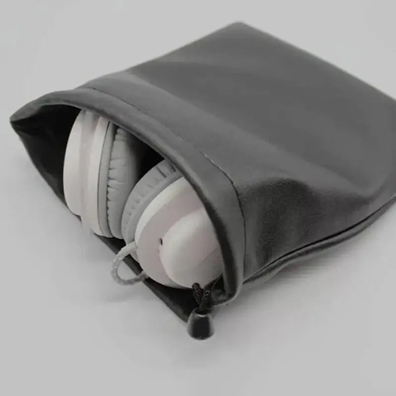 1Pc Draw String Bag Headphone Bags Durable Black Dust-proof Drawstring Bag PU Leather Headset Bag Durable Multi Purpose Storage