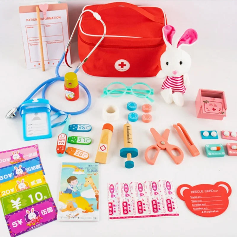 Wooden Pretend Play Doctor Educational Toys for Children Medical Simulation Medicine Chest Set for Kids Role Playing Pretend Toy