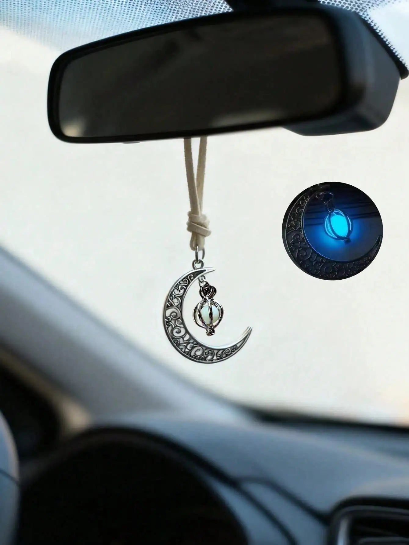 Luminous Moon Pendant Car Hanging Ornament – Hollow Crescent Design, Inlaid with Luminous Stone, Elegant Rearview Mirror Decor