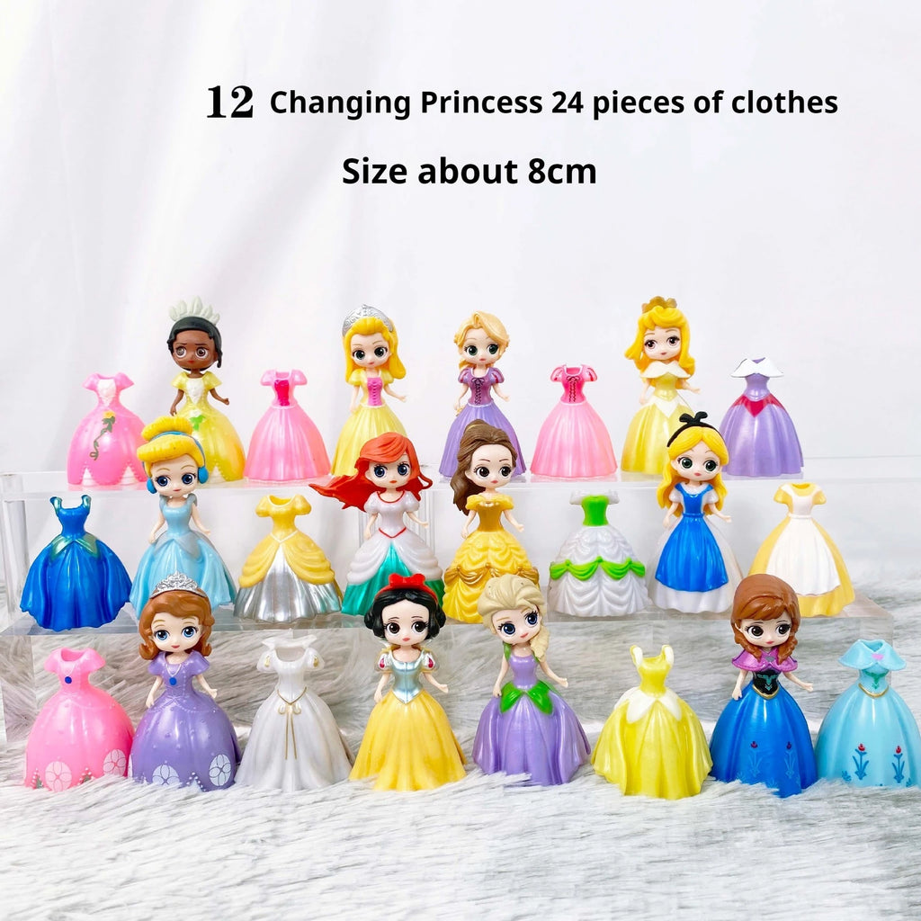 24pcs Princess Cinderella Belle Alice Snow White Ariel Rapunzel Pvc Action Figures Interchangeable Clothes Toys Dolls Gifts
