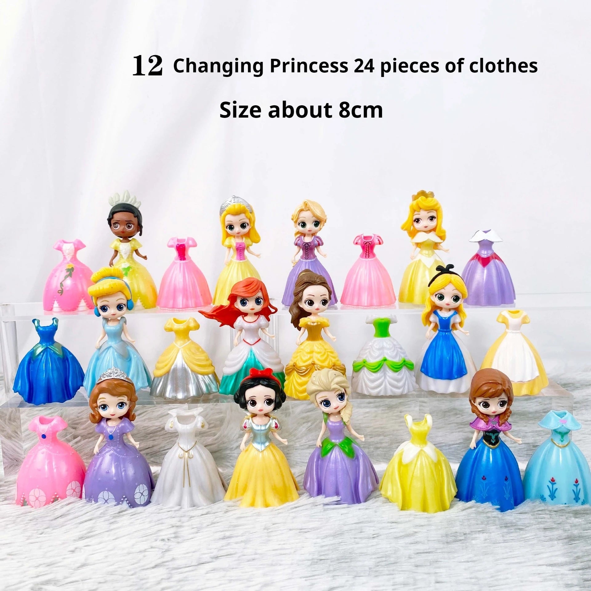 24pcs Princess Cinderella Belle Alice Snow White Ariel Rapunzel Pvc Action Figures Interchangeable Clothes Toys Dolls Gifts