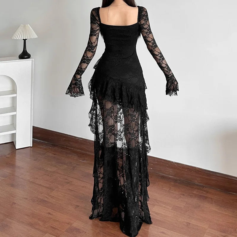Goth Dark Fairycore Lace Flare Sleeve Square Neck A-line Dress Sweet E-girl Irregular Long Hem Dresses Cyber Y2K Party Vestido