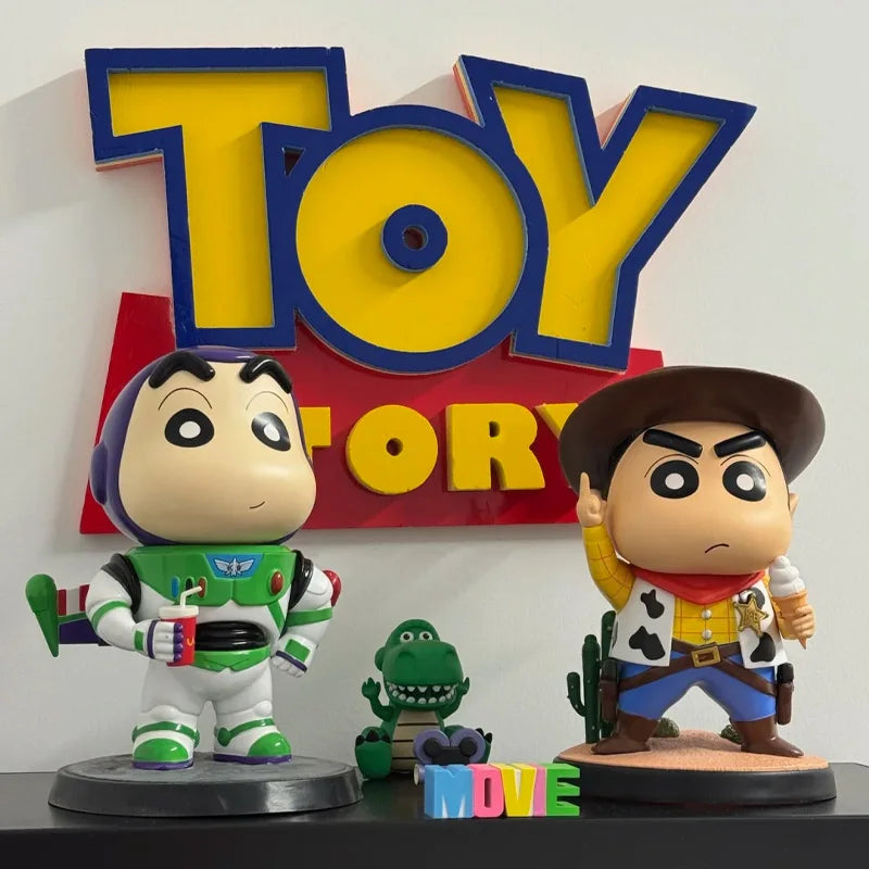 Cartoon Crayon Xiaoxin Cosplay Woody Buzz Lightyear Action Figure Statue Car Ornament Desktop Decoration Gift Collect Toys Model