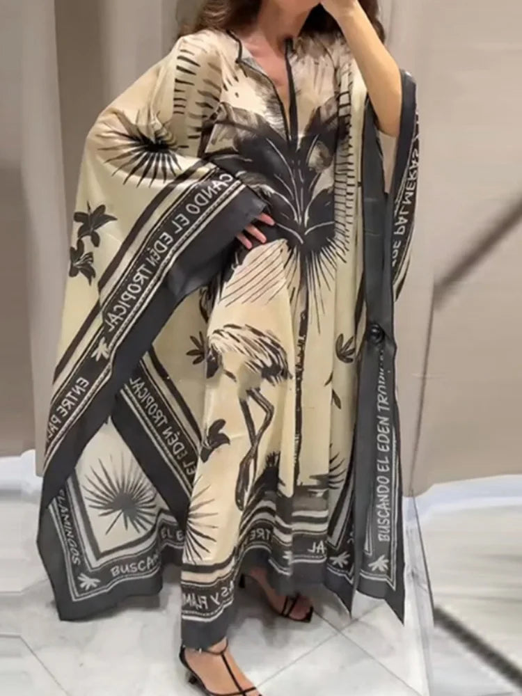 2025 Spring New Bat Sleeve Robe Maxi Dress Ladies Elegant Turtleneck Loose Party Dress Women Chic Pleated Graphic Banquet Dress