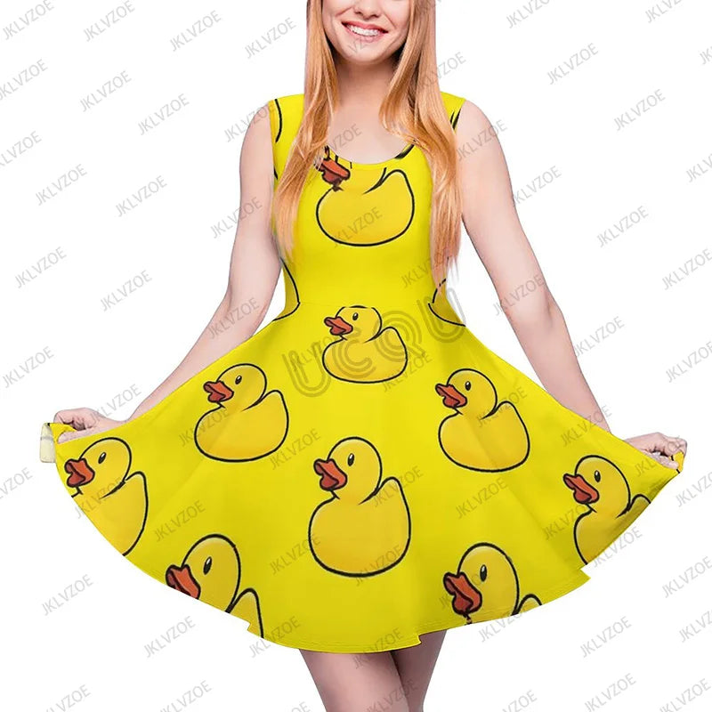 Summer New Fashion Yellow Classic Ducks Graphic Women Sleeveless Dress Kawaii Animal Aesthetic Dresses Female Kawaii Dress