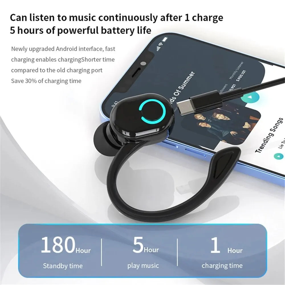 Bluetooth 5.2 Wireless Headset Single Ear-Hook Earplugs Ultra Long Battery Life Business Earphone Mobile Phone Headphone Earbuds