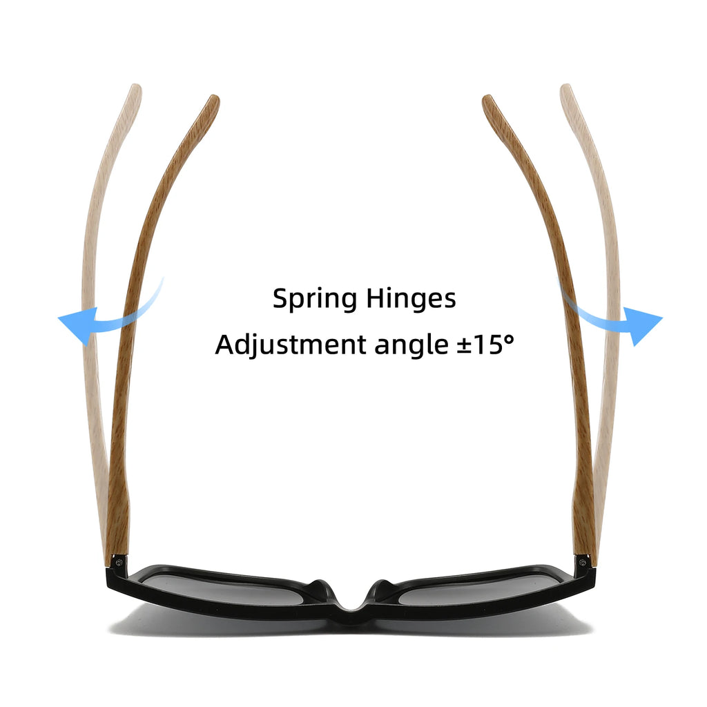 New Fashion Square Sunglasses - Wood Grain Spring Hinge, UV400 Unisex for Driving, Hiking & Travel