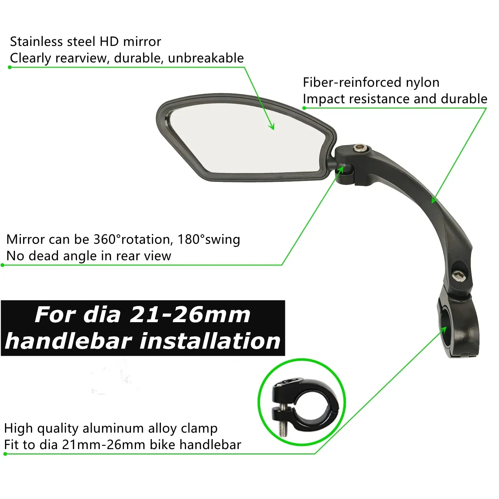 Adjustable Handlebar Bike Mirror, Shatterproof HD Glass Lens, Universal Fit Rearview Bicycle Mirrors, 360° Rotatable, Compatible