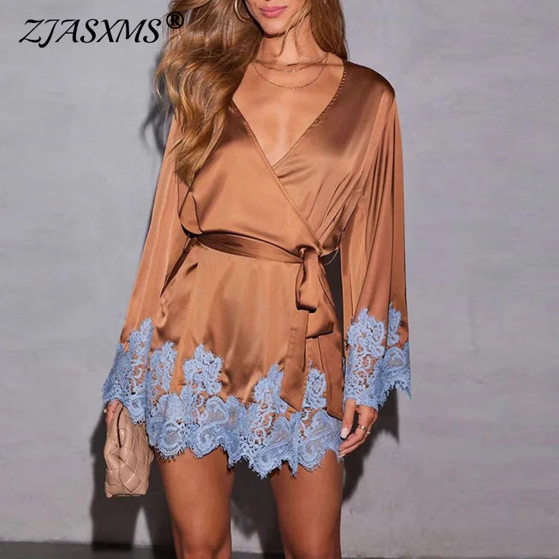 Sexy Chic Brown Lace Satin Womens Dress Spring Deep V Neck Hollow Mini Dress Autumn Long Sleeve Sashes Homewear Night Gown Mujer