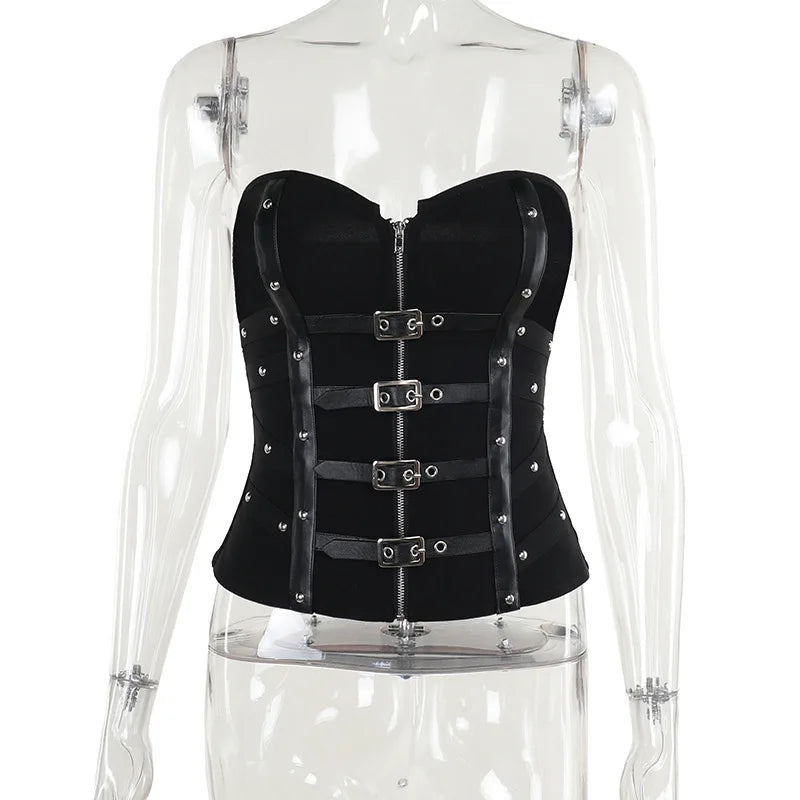 Goth Dark Punk Grunge Leather Buckle Strapless Corset Tops Mall Gothic Zip Women Tupe Top Y2K Coquette Streetwear Alt Tanks Vest