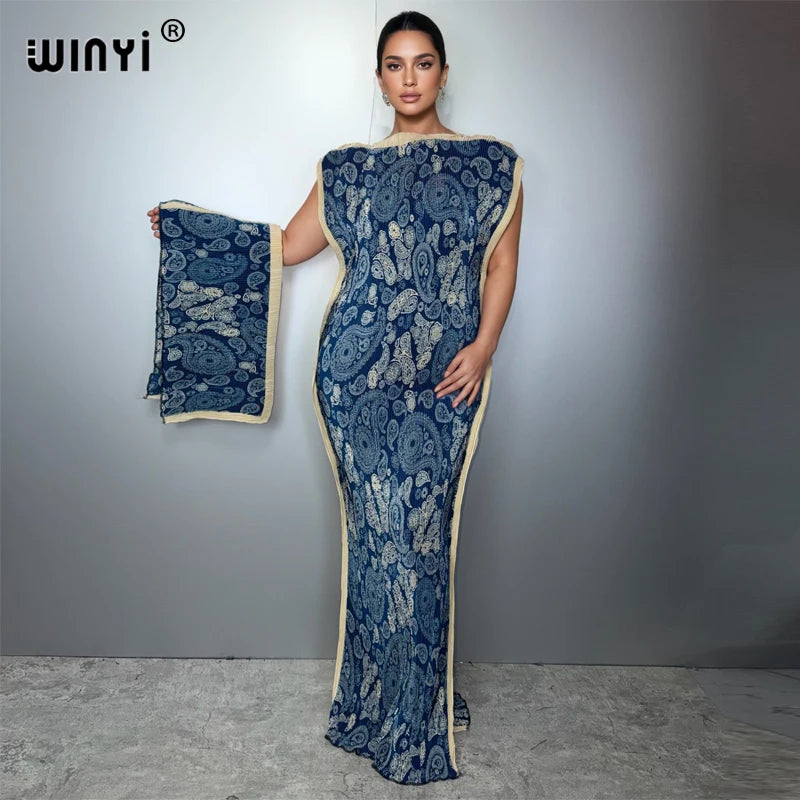 WINYI Pleated elastic slim dress Women crumple Design Pleated luxury abaya muslim party dress poncho for women beach wear kaftan