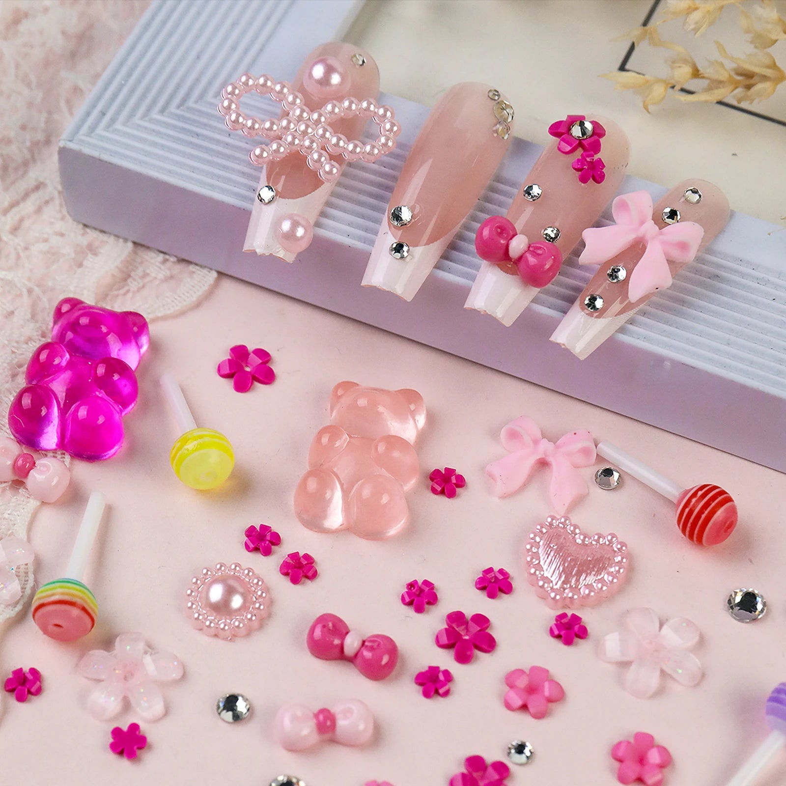 12 Grid Mixed 3D Color Resin Bow Pearl Heart Flat Back Diamond Nail Art Decoration Suitable for Acrylic Nails DIY Nail Art