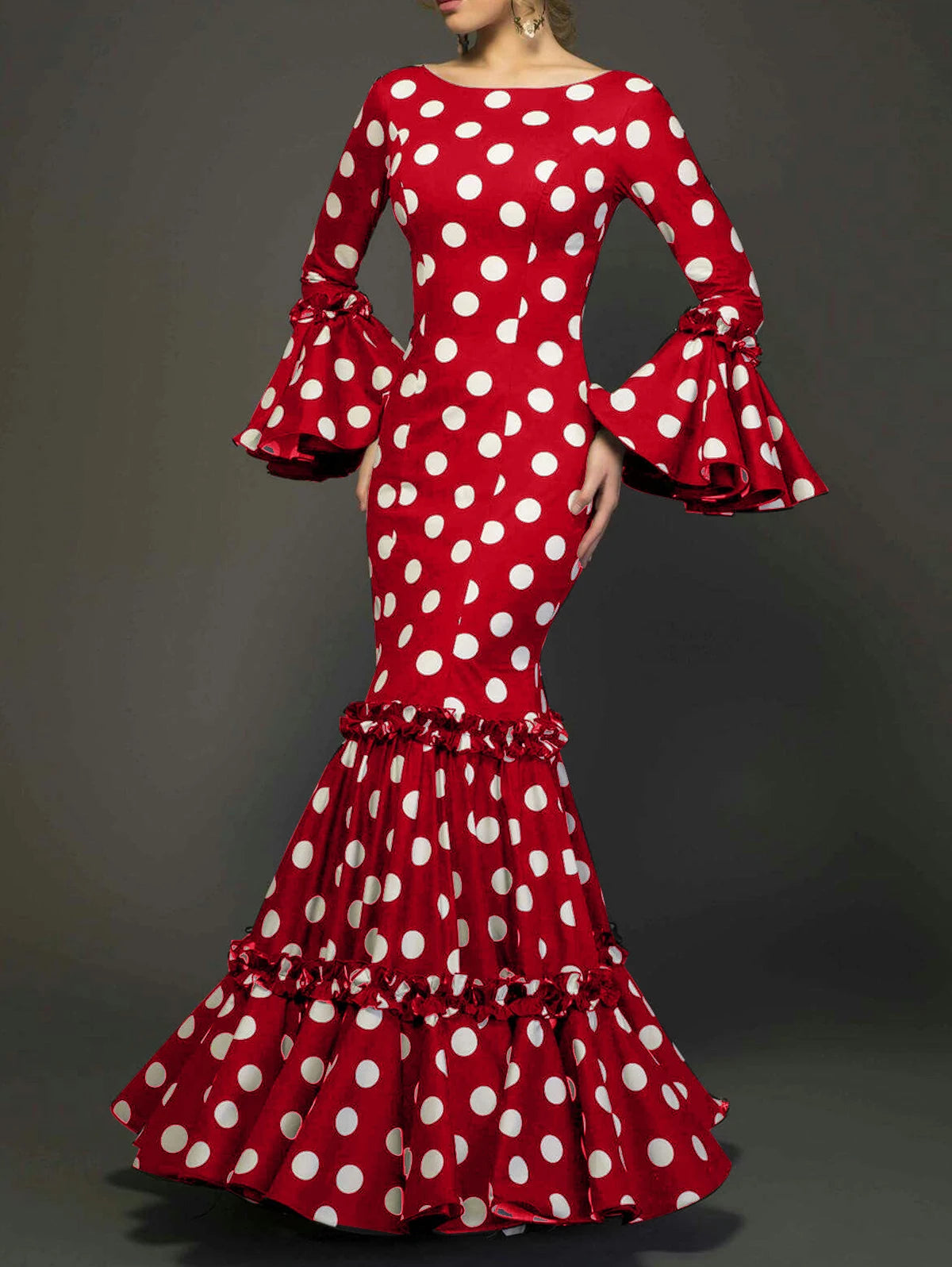 Polk Dot Printed Elegant Mermaid Dress Flare Sleeve Round Neck Party Club Ruffle Wedding Guest Cocktail Formal Dresses 2025