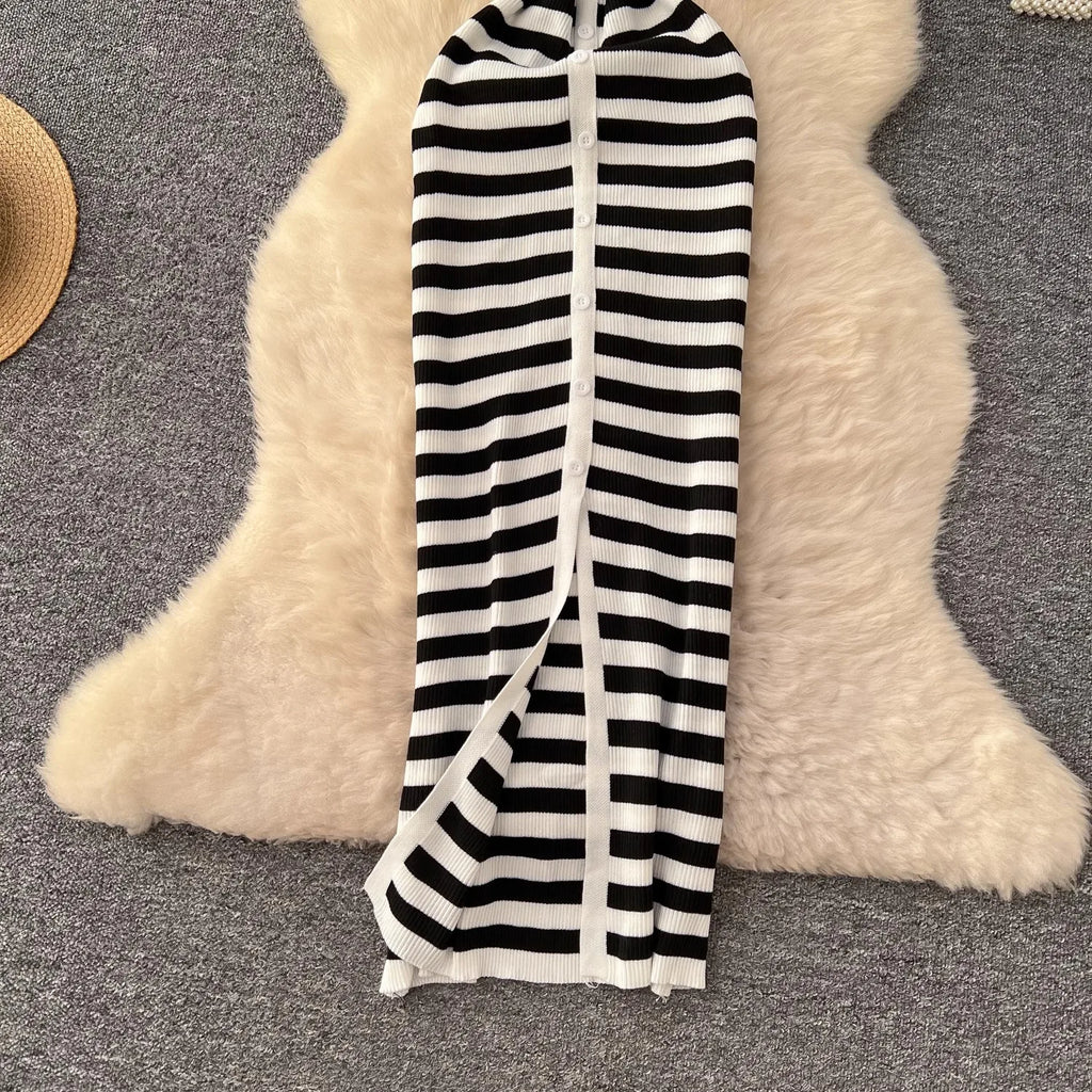 YuooMuoo Chic Fashion Sexy Wrap Hips Knitted Maxi Dress 2026 Summer Women Single-breasted Stripes Sweater Dress Streetwear Robes