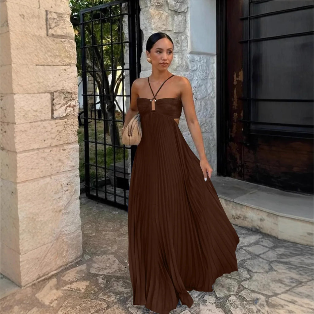 2025 New Women's Fashionable and Elegant Summer Camisole Beach Vacation Long Dress Elegant Backless Pleated Long Dress