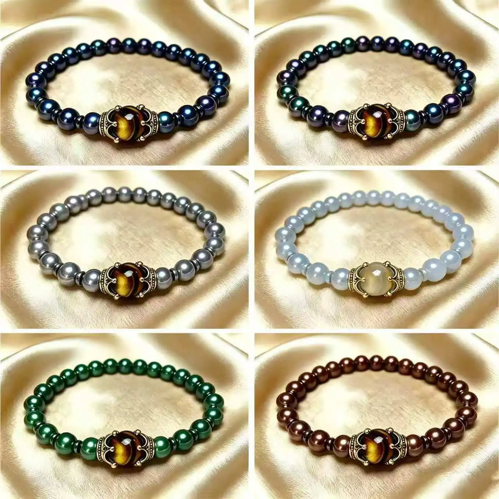 Men's Stylish Natural Stone Bracelet Vintage Crown Symbol of Power Hematite Beads Gift for Friends Natural Tiger Eye beads