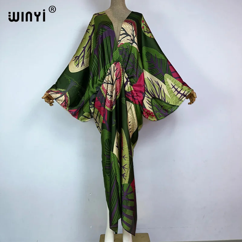 Sexy bech high-quality hand-rolled feel silk rayon fashion print 2021 WINYI Maxi women's robes long beach V-neck Bohemian dress