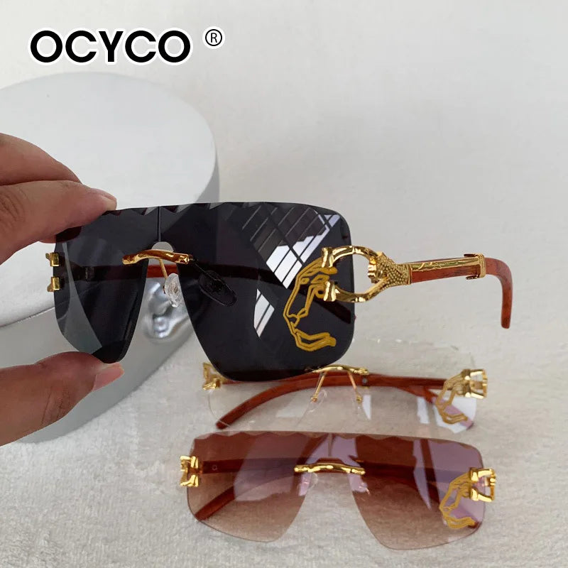 Trend Golden Lion Decoration Rimless Sunglass for Men Luxury Brand Designer Vintage Square Eyewear UV400 Outdoor Cycling Shades