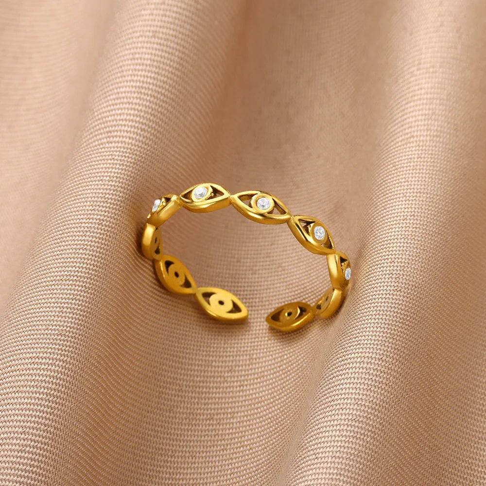 Colorful Cubic Zircon Ring for Women Stainless Steel Gold Color Open Ring Vintage Boho Wedding Party Jewelry Gift Accessories