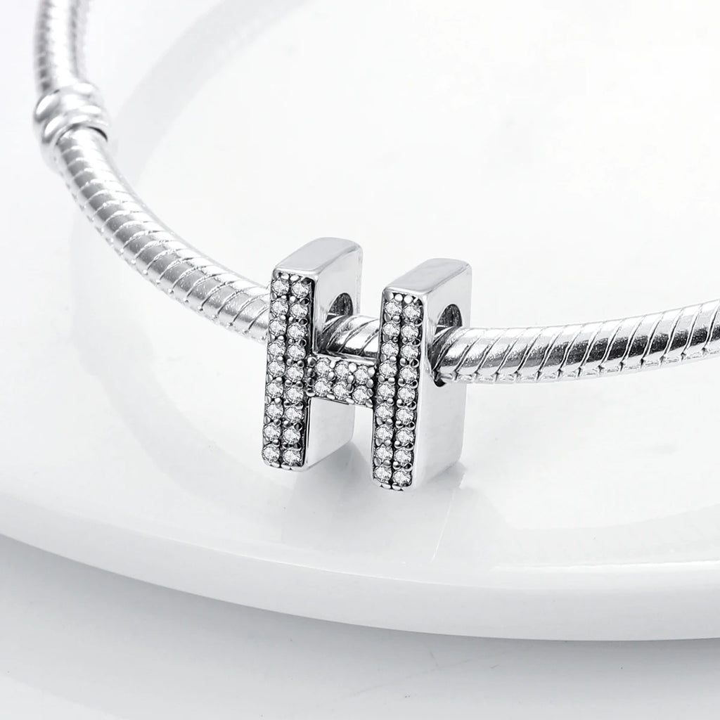 Original 925 Sterling Silver 26 Alphabet Letters Sparkling Zircon Charms Pendant Beads For Women Fine DIY Birthday Jewelry Gifts