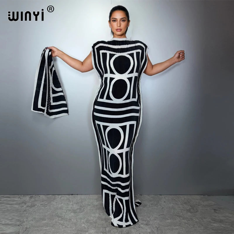 WINYI Pleated elastic slim dress Women crumple Design Pleated luxury abaya muslim party dress poncho for women beach wear kaftan