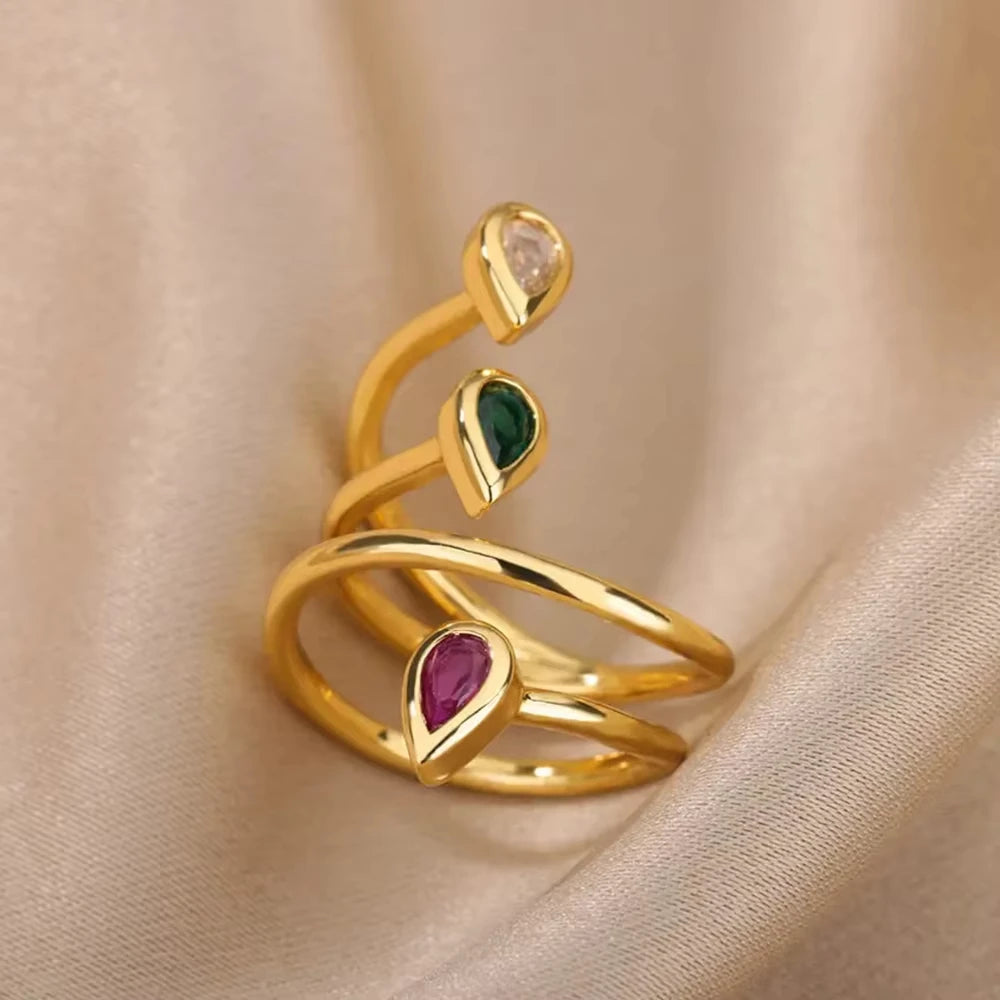 Colorful Cubic Zircon Ring for Women Stainless Steel Gold Color Open Ring Vintage Boho Wedding Party Jewelry Gift Accessories