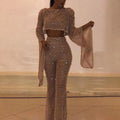 Sexy Backless Hollow Bandage Jumpsuit Women Spring O-neck Flare Sleeve Straight Playsuit Fall Sequin Shiny Party Romper Overalls