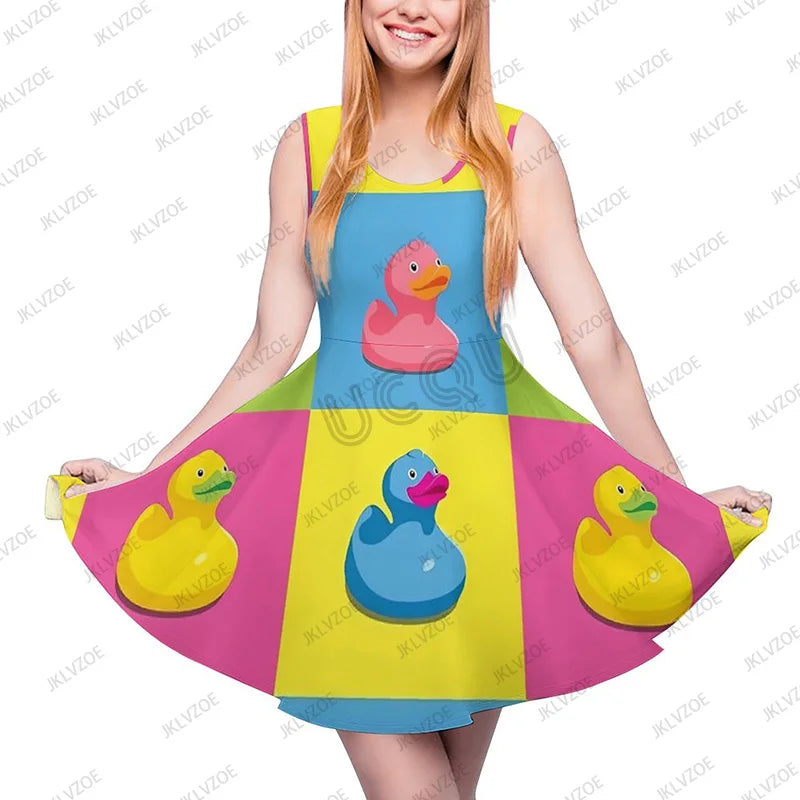 Summer New Fashion Yellow Classic Ducks Graphic Women Sleeveless Dress Kawaii Animal Aesthetic Dresses Female Kawaii Dress