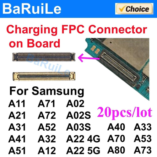 20pcs USB Charging FPC Connector on Mother Board For Samsung  A31 A71 A72 A52 A53 A22 A12 A02S A05 A40 A70 Charger Plug on Board
