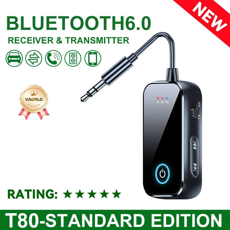 Bluetooth 6.0 Car Audio Receiver Transmitter 3.5mm AUX Hi-Fi Stereo Music Airplane Wireless Audio Adapter with HD Mic for PC TV