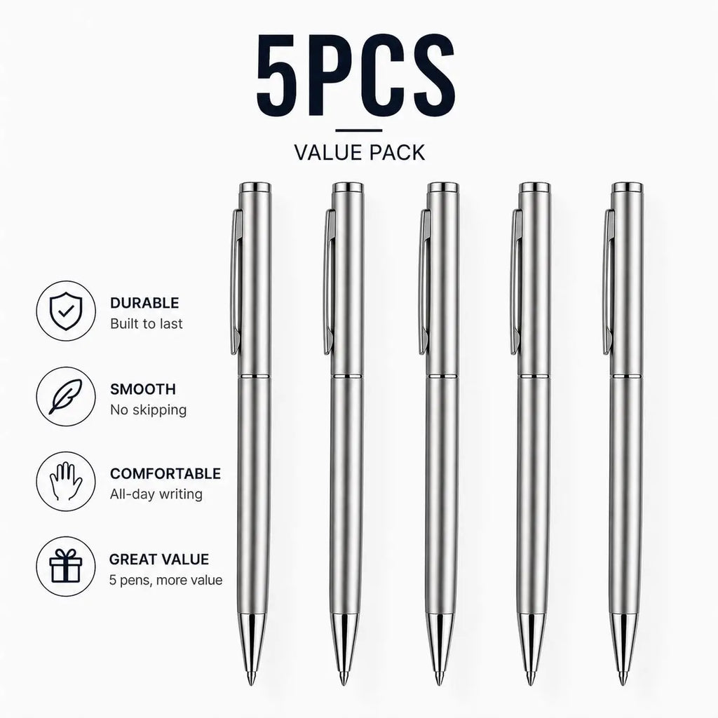 5/10/20Pcs Stainless Steel Ballpoint Pens, Silver Metal Medium Nib Smooth Twist Writing Pens for Office School
