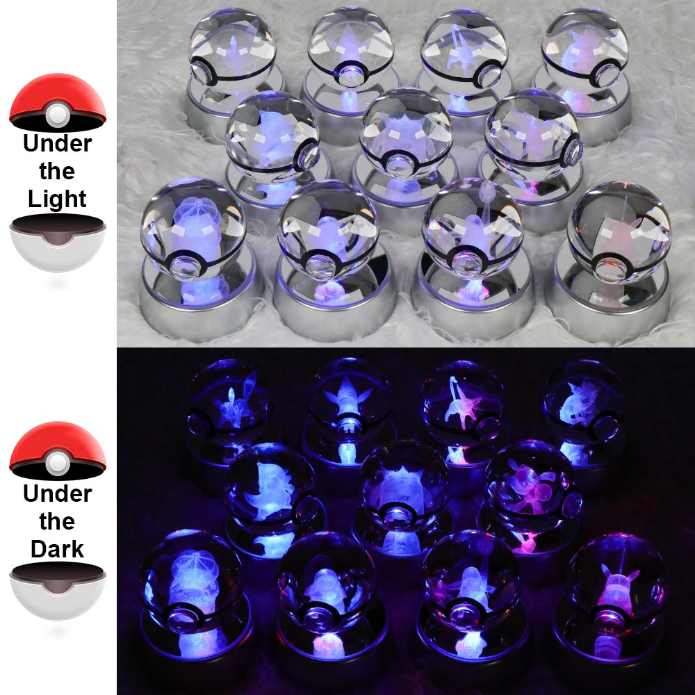 Pokemon 3D Crystal Ball Pikachu Figure Pokeball Engraving Crystal Charizard Model with Led Light Base Toys Anime Christmas Gift