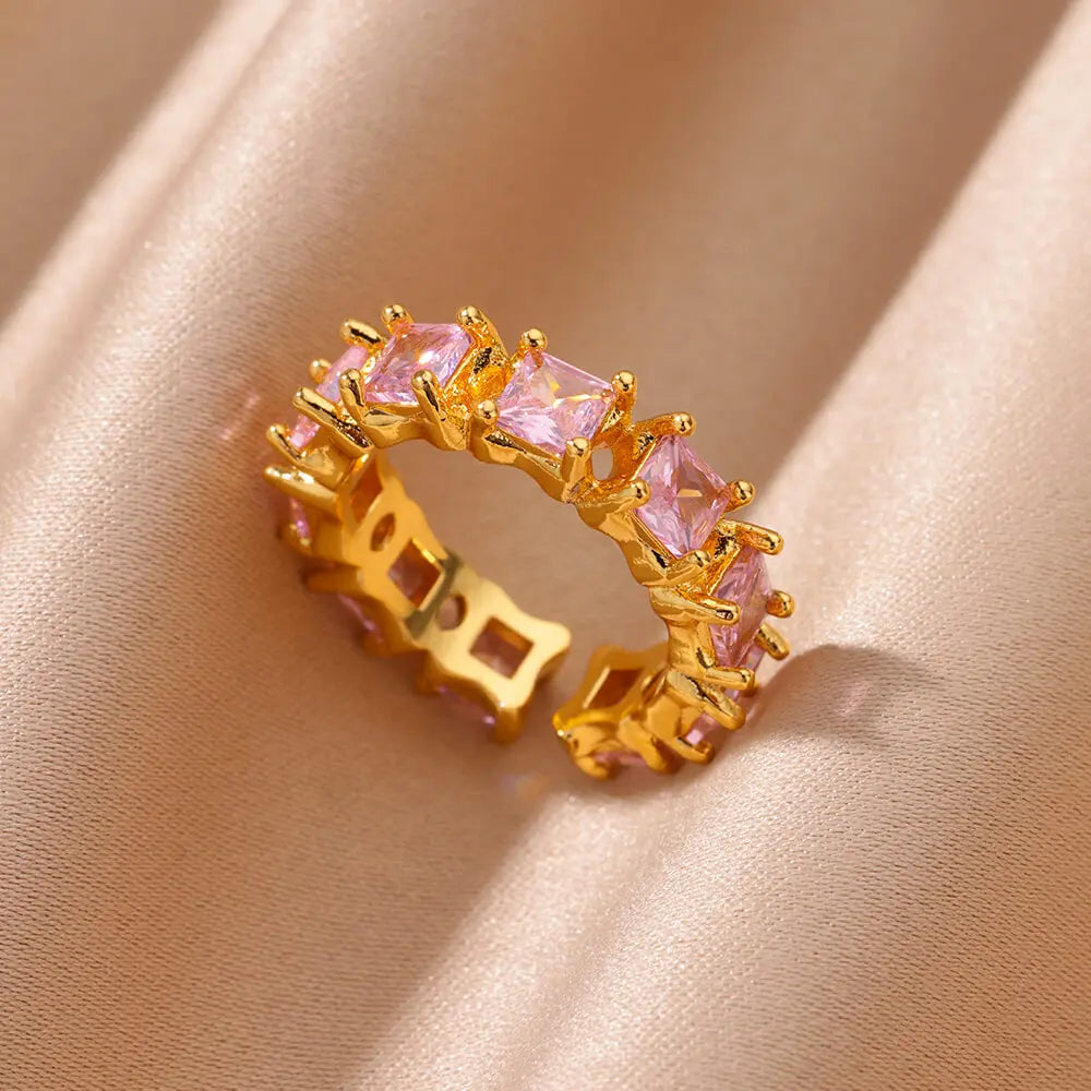 Colorful Cubic Zircon Ring for Women Stainless Steel Gold Color Open Ring Vintage Boho Wedding Party Jewelry Gift Accessories