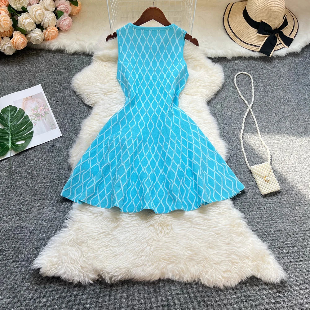 YuooMuoo Brand Fashion A-line Short Women Dress Elegant Y2K Geometric Knitted Summer Dress Female Harajuku Black Party Vestidos