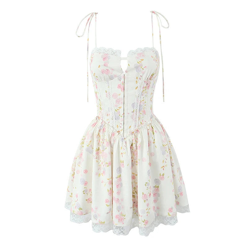 YENKYE Sexy Elegant Women Lace Patchwork Floral Print Sling Mini Dress Low Waist A-line Summer Holiday Party Dresses Pretty Robe