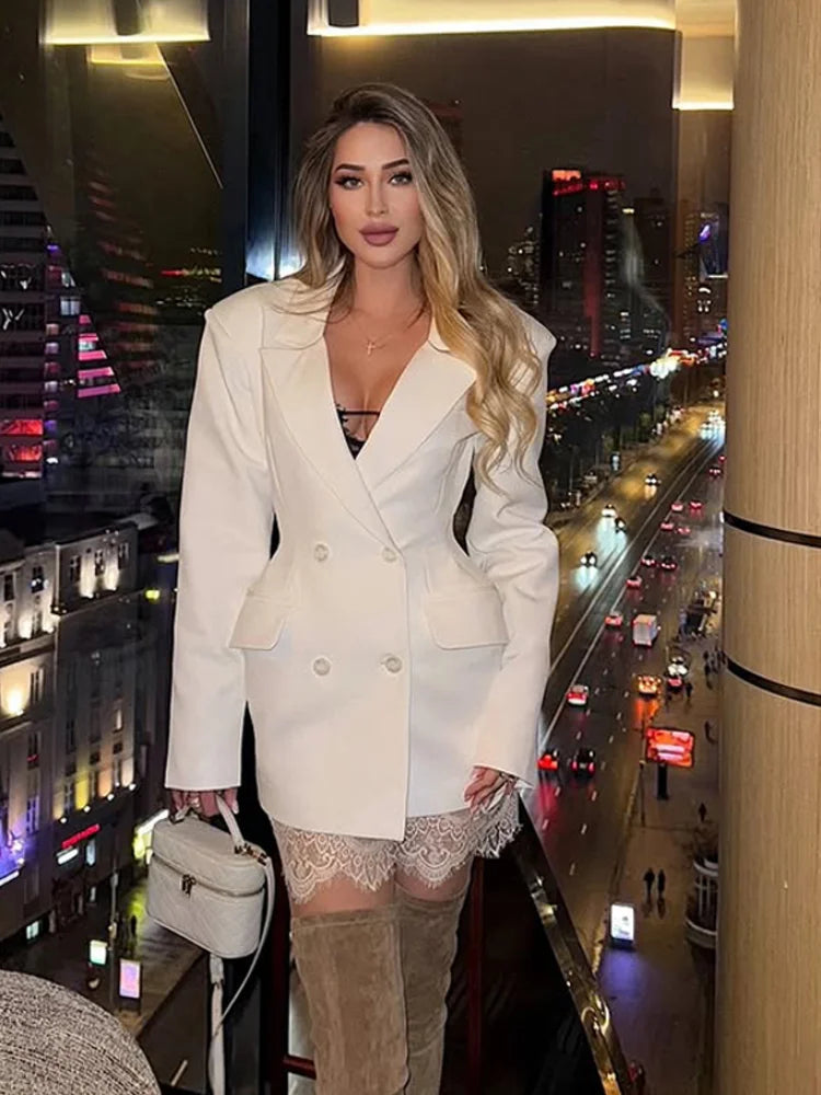 Solid Waist Cinching Blazer Dress Women Chic Long Sleeves Lapel V-neck Double Breasted Slim Short Dresses Lady Daily Street Gown