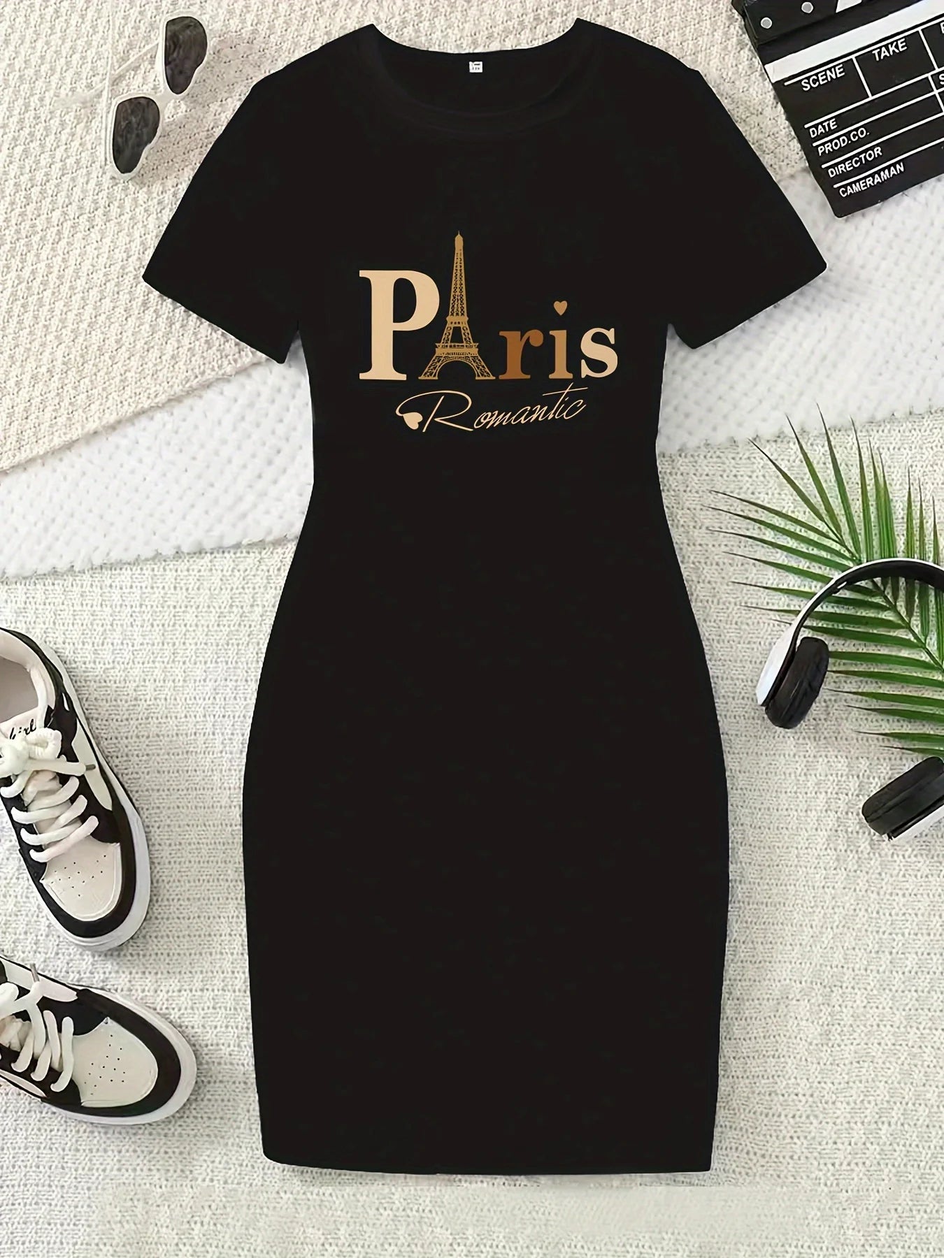 Summer women's bee bow pattern printed casual bag buttocks slim fit short sleeved round neck T-shirt mini dress