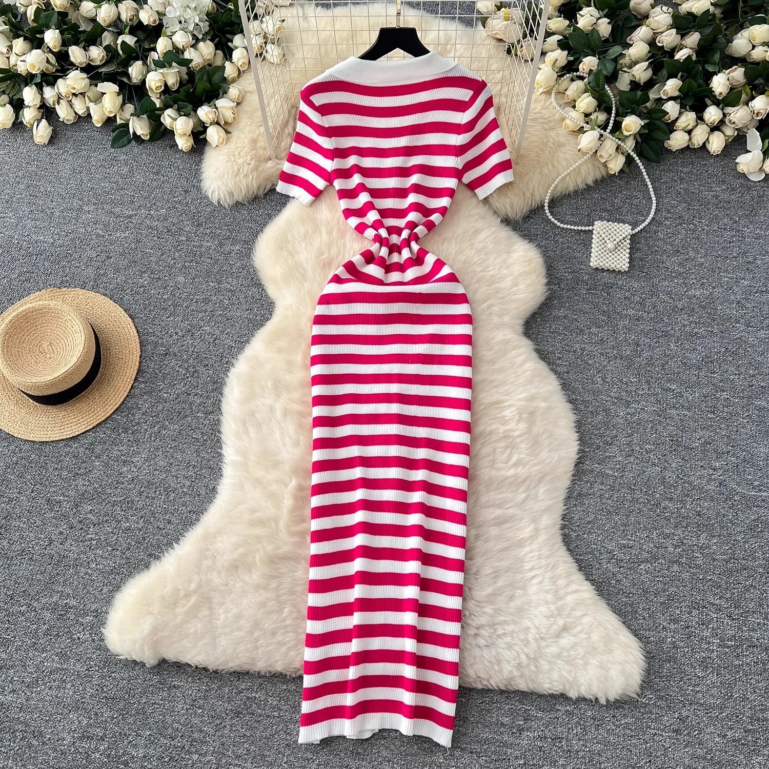 YuooMuoo Chic Fashion Sexy Wrap Hips Knitted Maxi Dress 2026 Summer Women Single-breasted Stripes Sweater Dress Streetwear Robes