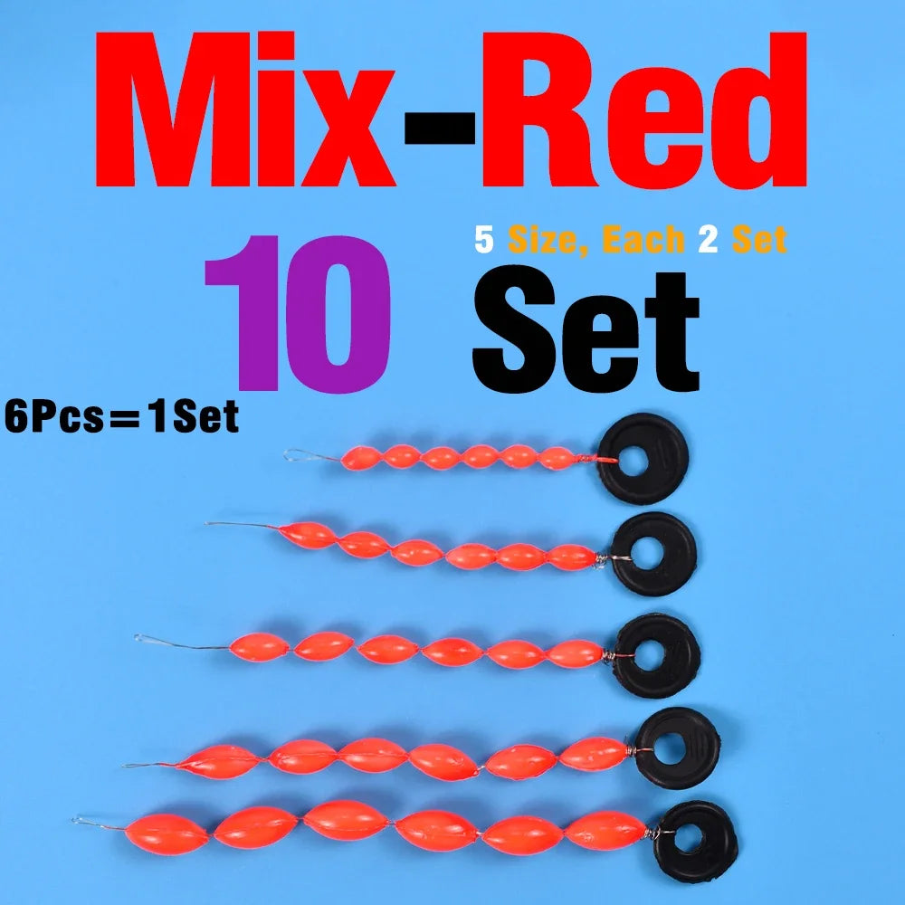 60Pcs/10Sets Fishing Float 6 In 1 String Type Seven Star Float Foam Space Bean Fishing Line Stopper Buoys Tackle Accessories
