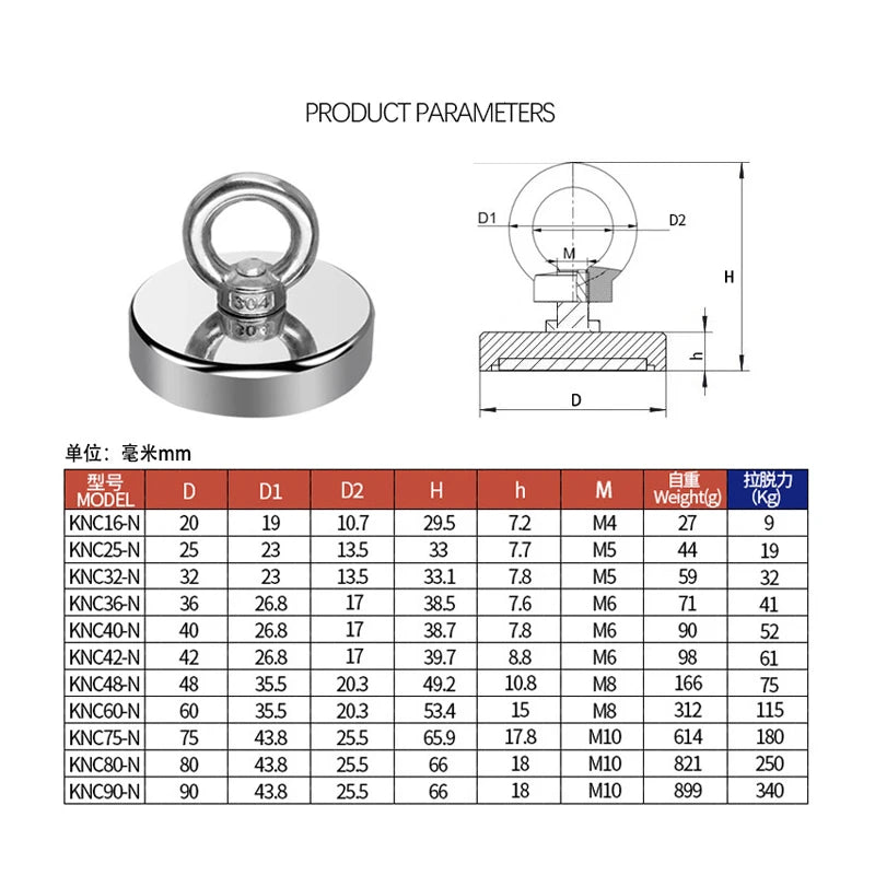 Super Strong Neodymium Fishing magnet Hooks N52 Heavy Duty magnet with Countersunk Hole Eyebolt 16-42mm Salvage Searcher Magnets