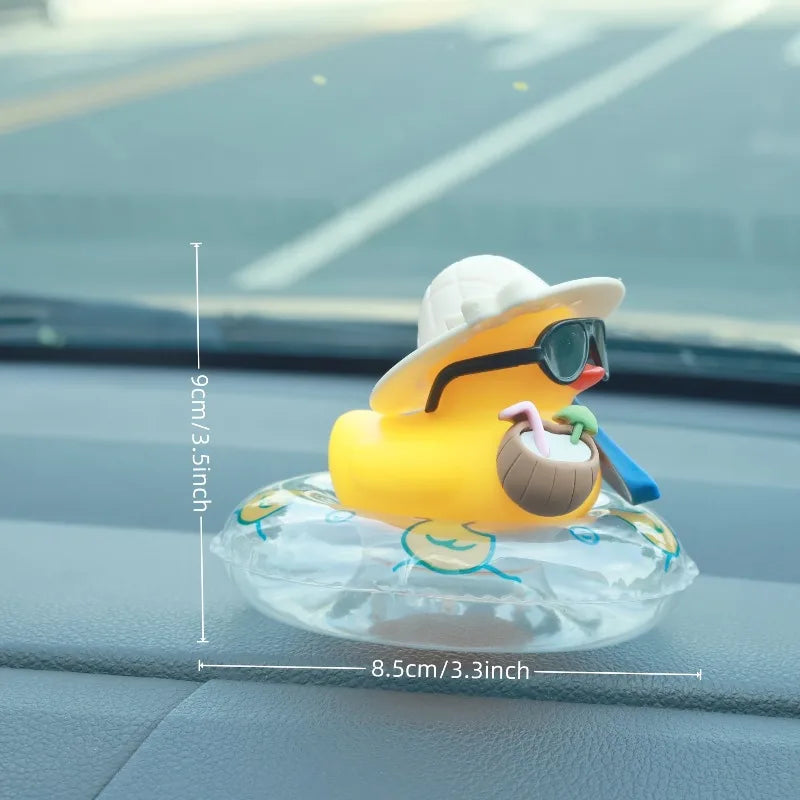 Cool Summer Duck Car Dashboard Decor, Rubber Duck with Swim Ring & Sunglasses, Cute Beach-Themed Ornament for Car Interior Gifts