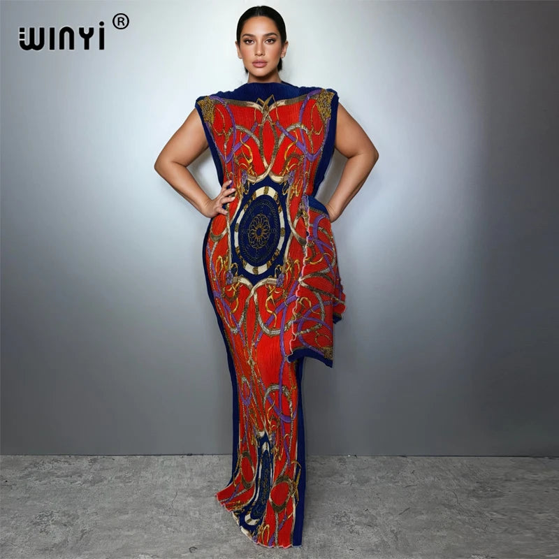 WINYI Pleated elastic slim dress Women crumple Design Pleated luxury abaya muslim party dress poncho for women beach wear kaftan