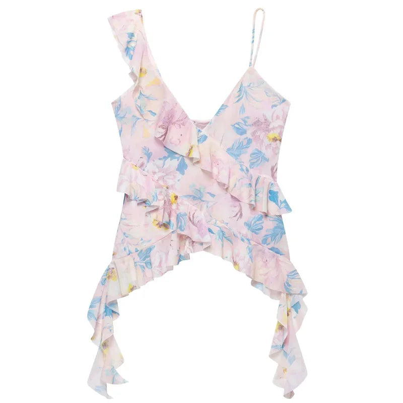 HXAO Leopard Mesh Top Women Tanks & Camis Summer 2025 Sexy Layered Sleeveless Tops For Woman Ruffled Backless Tulle Camisole 066