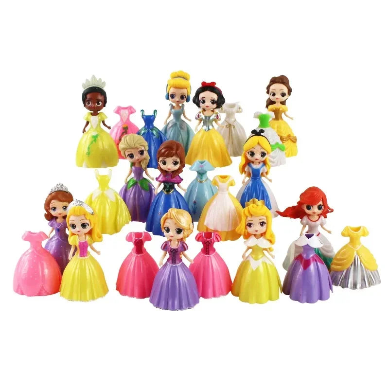 24pcs Princess Cinderella Belle Alice Snow White Ariel Rapunzel Pvc Action Figures Interchangeable Clothes Toys Dolls Gifts