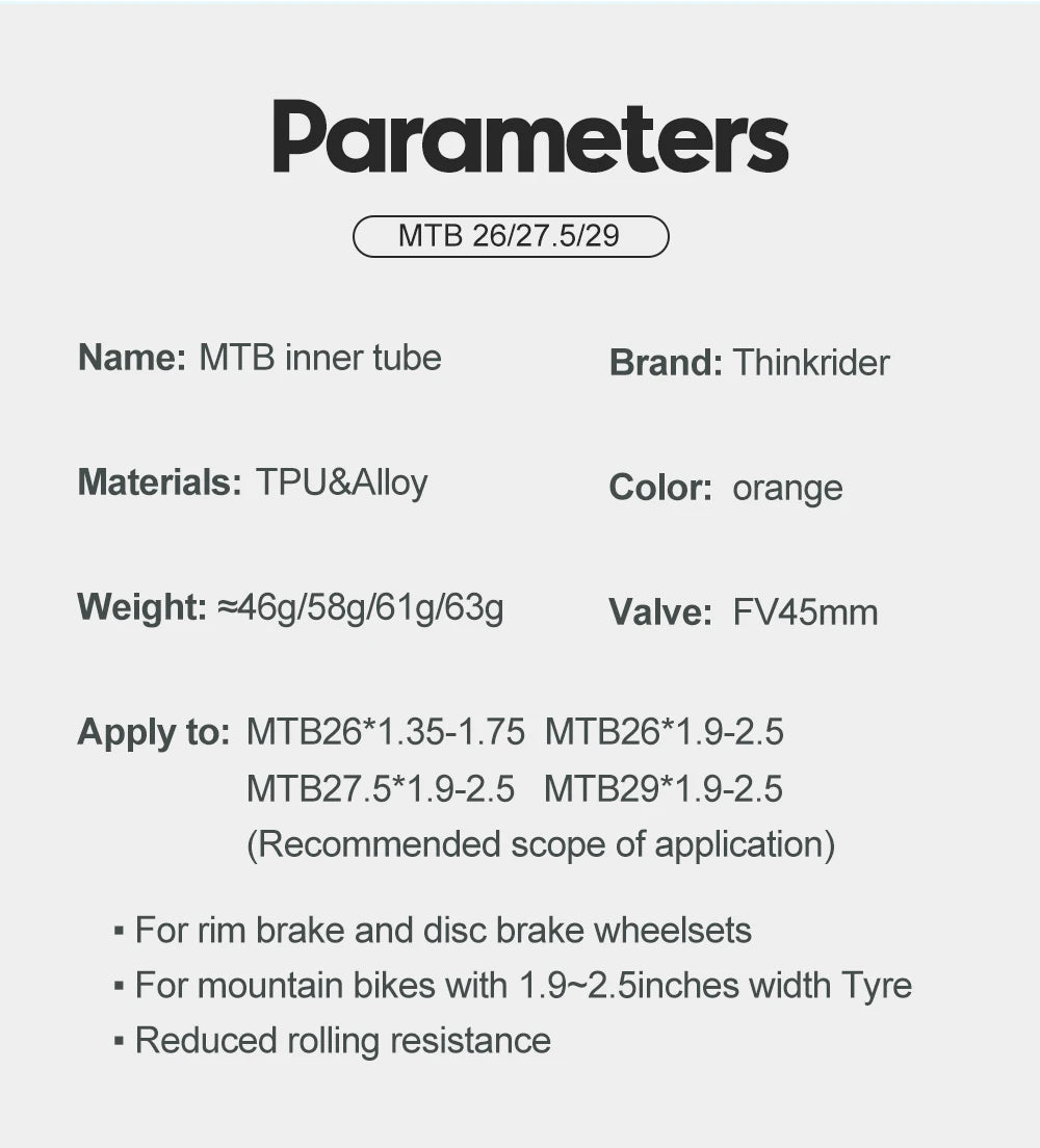 ThinkRider 1PSC Ultralight Bike Inner Tube 26 27.5 29 Inches MTB Bicycle TPU Material Tire 45mm French Valve Super Light