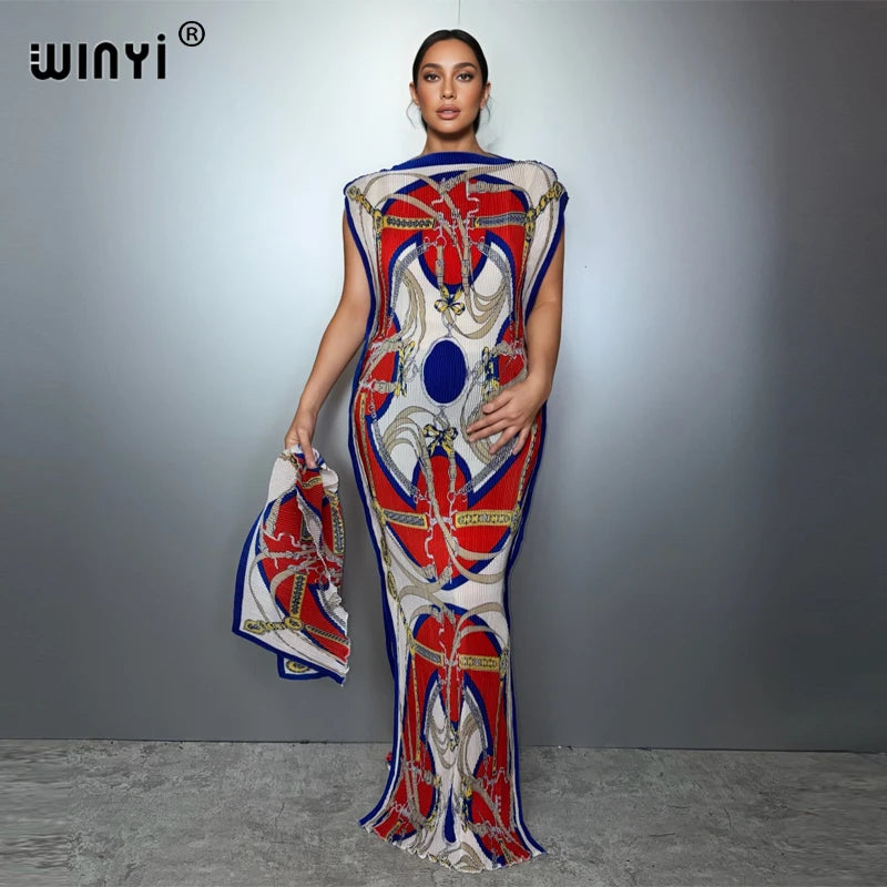 WINYI Pleated elastic slim dress Women crumple Design Pleated luxury abaya muslim party dress poncho for women beach wear kaftan