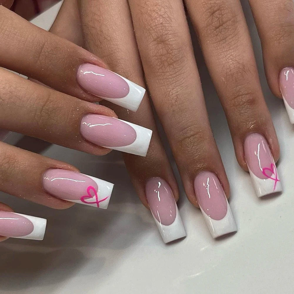 24pcs/set short square fake nails for women cute bride heart white french tips faux ongles y2k press on false nail supplies